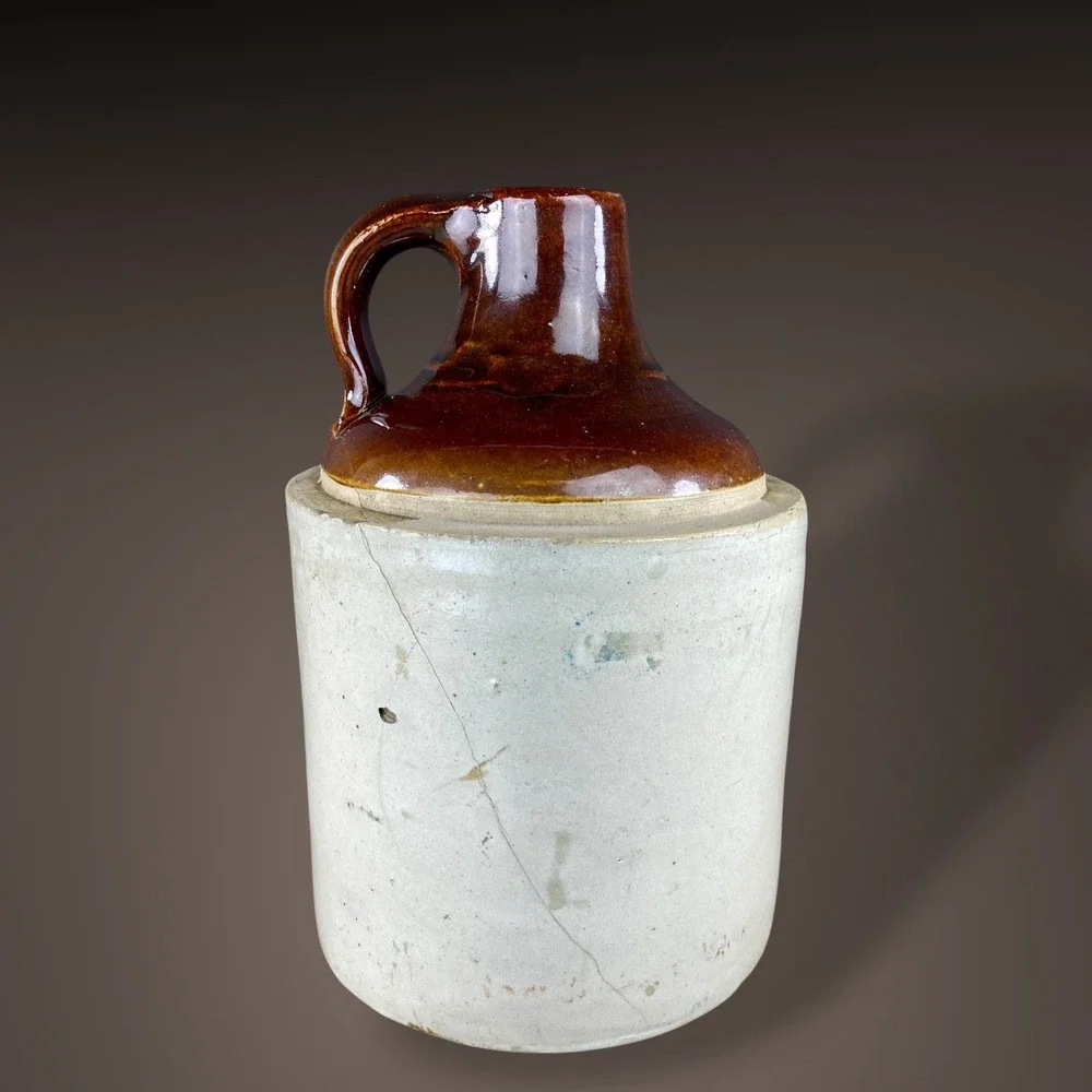Stoneware Crock Jug Brown Glaze Handle Primitive Farmhouse Decor 9